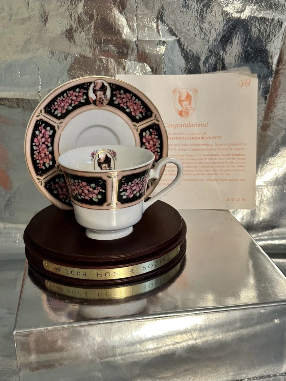 Avon Black Pink Floral Porcelain Teacup & Saucer with Gold Trim